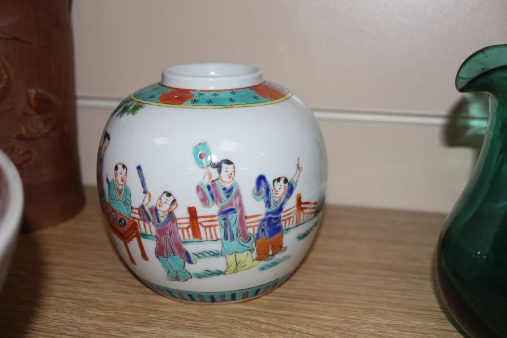 A Chinese bamboo brushpot, an Imari bowl, a Chinese vase, a bowl, a jar and two lids, largest diameter 28cm